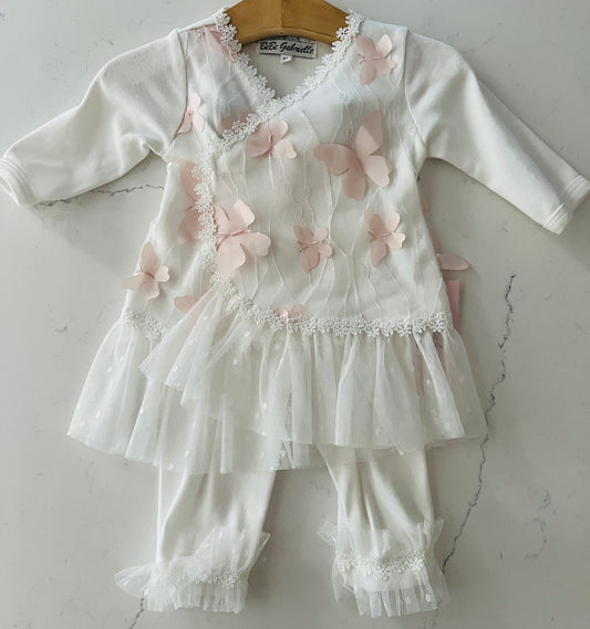 3pc Ivory Set with Pink Scattered Butterflies w Headband