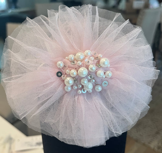 Ooh La La Medium Pink Tulle Headband with Pearl Cluster - Girls’ Elegant Hair Accessory