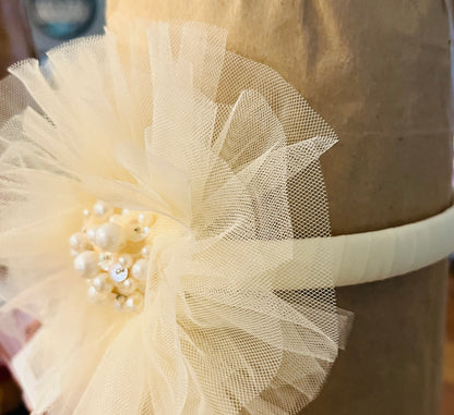 Ooh La La Lt Yellow Tulle Headband w Pearl Cluster - Girls’ Elegant Hair Accessory