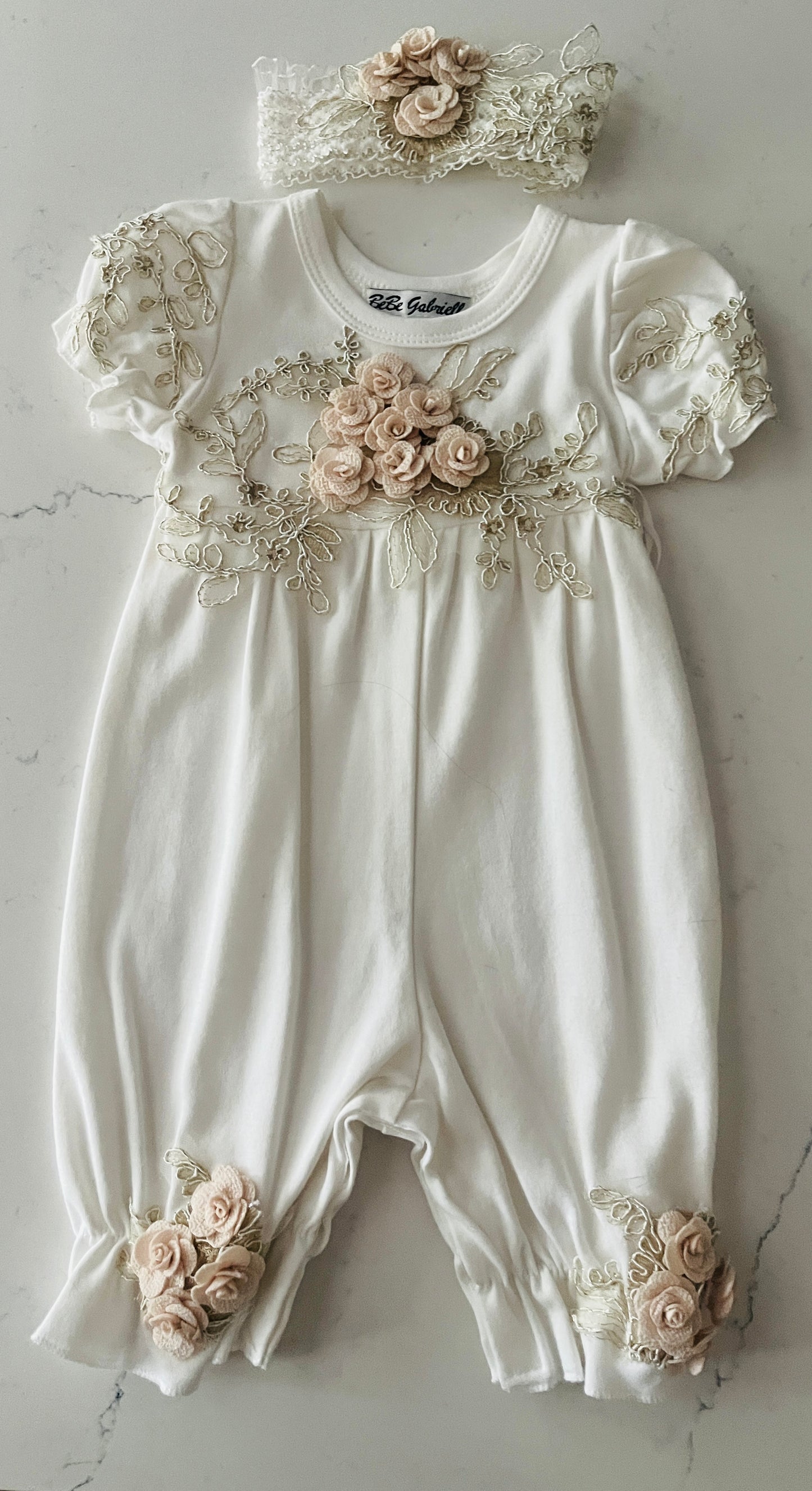 2pc Off White Romper w Beige Scattered Flowers w HB
