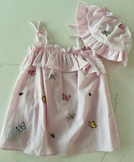 2pc Pnk/Wht Stripe Dress w Hat & Insect Detail