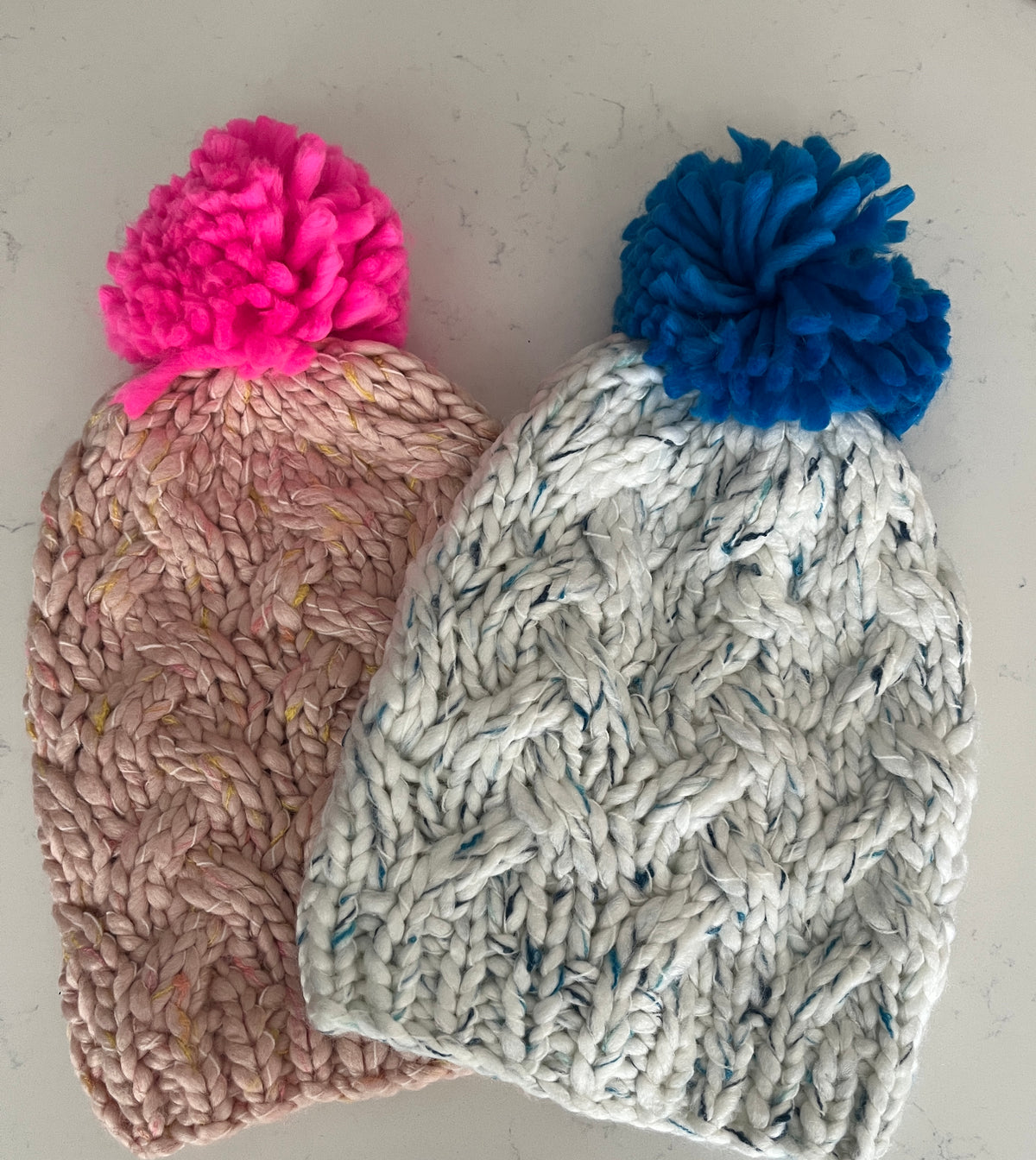 White Knit Hat with Blue Pom Pom or Pink Knit Hat with Hot Pink Pom Pom - Girls’ Winter Hat