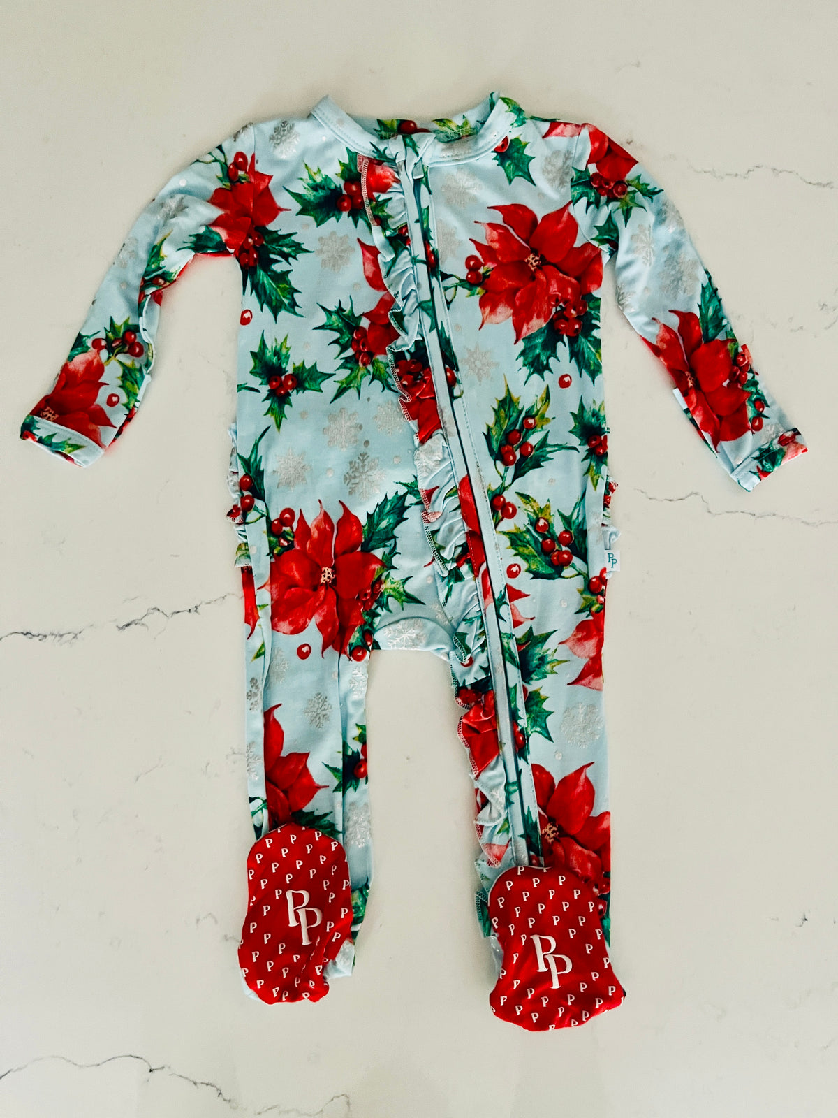 Posh Peanut-Light Patel Blue Poinsettia Zippered One Piece-Baby Girls’ Christmas & Holiday Pajamas