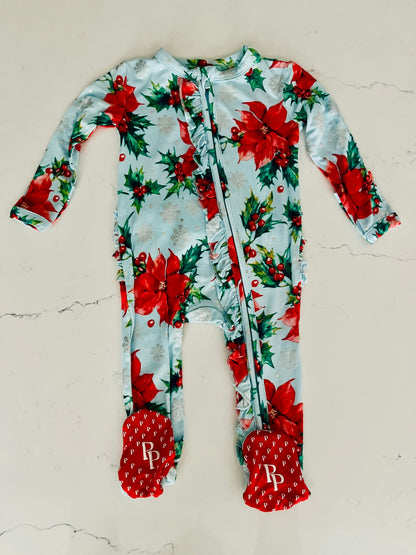 Posh Peanut-Light Patel Blue Poinsettia Zippered One Piece-Baby Girls’ Christmas & Holiday Pajamas