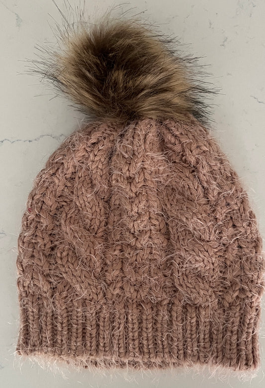 Winter White or Blush Eyelash Knit Hat with Faux Fur Pom Pom - Women’s Cozy Winter Hat