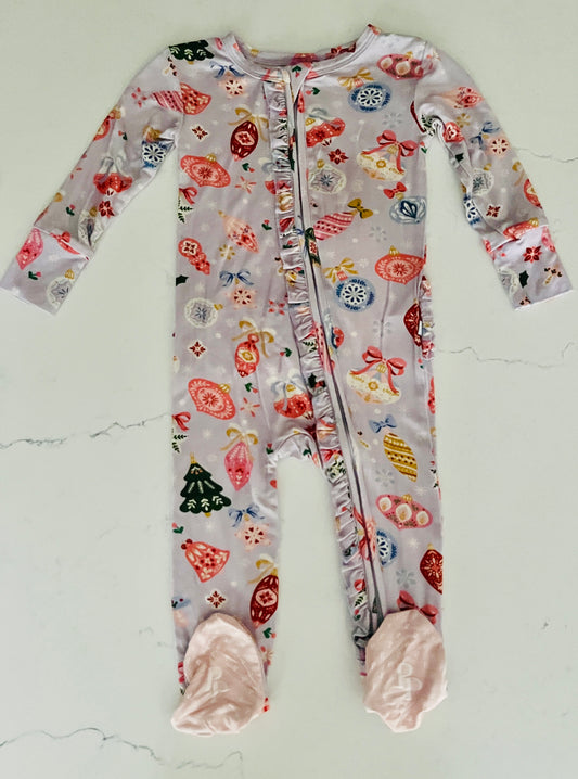 Posh Peanut Light Purple Holly Ruffled Zippered Footie  - Baby Girls’ Christmas Pajamas