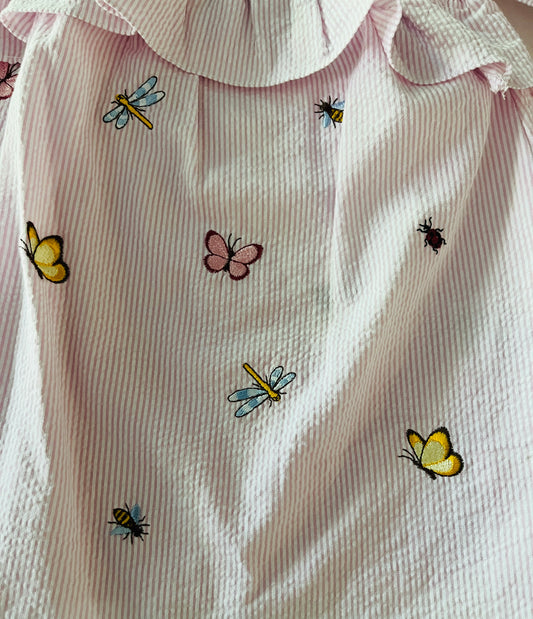 2pc Pnk/Wht Stripe Dress w Hat & Insect Detail