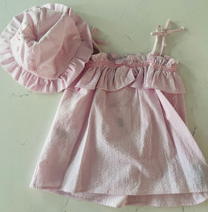 2pc Pnk/Wht Stripe Dress w Hat & Insect Detail