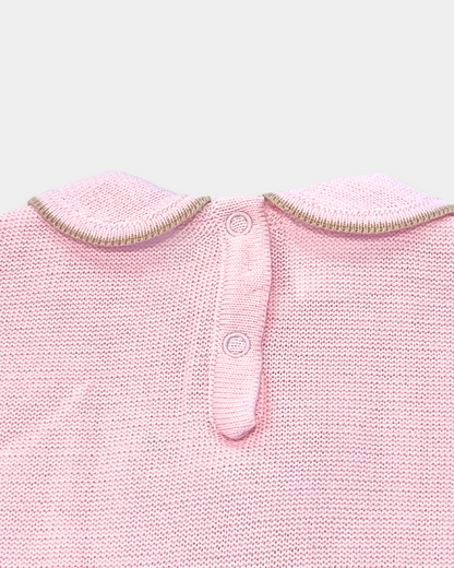 baby girl knit romper, pink knit romper with bow, boutique baby romper, lace front baby romper, baby girl special occasion outfit, knit romper newborn, boutique baby shower gift, elegant baby girl romper, toddler girl knit outfit, Expressions Boutique NY, Woodbury baby boutique, heirloom style baby romper