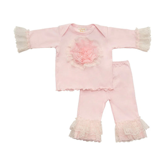 3pc Set w Hat Pink w Lace Trim & Huge Flower