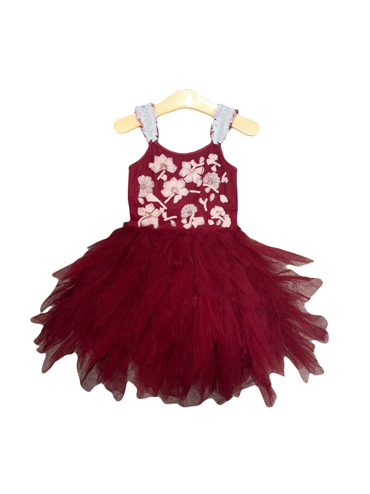 : boutique girls garnet red tulle dress, toddler girl holiday party dress Expressions Boutique NY, embroidered flower girl dress, layered tulle birthday dress for girls, luxury kids boutique clothing, special occasion girls tutu dress, garnet red princess dress toddler, boutique toddler fashion formal dress, baby girl tulle gown