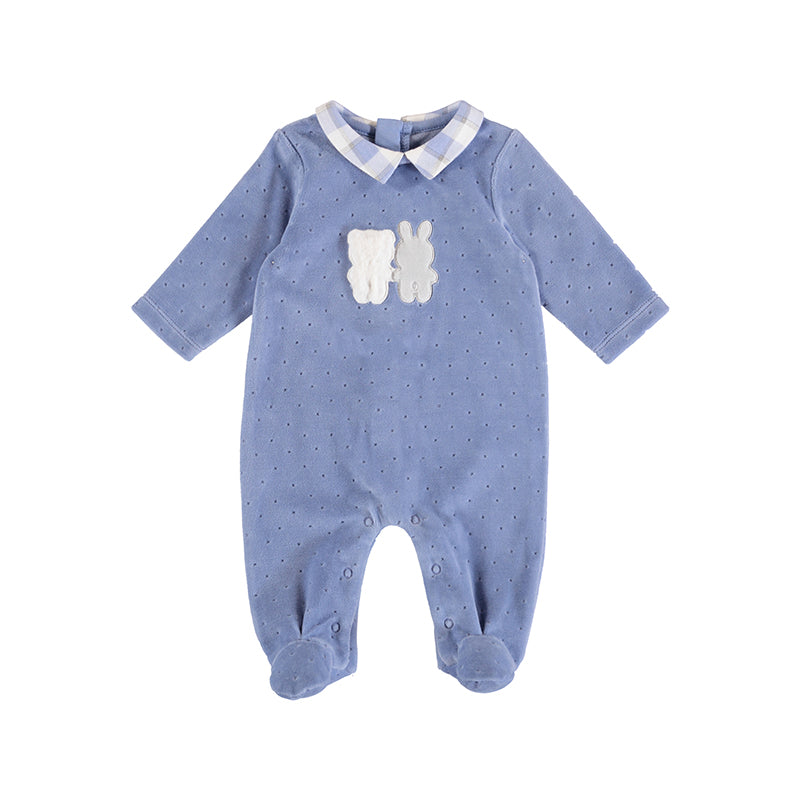 Ice Blue Velour Footie with Checked Collar