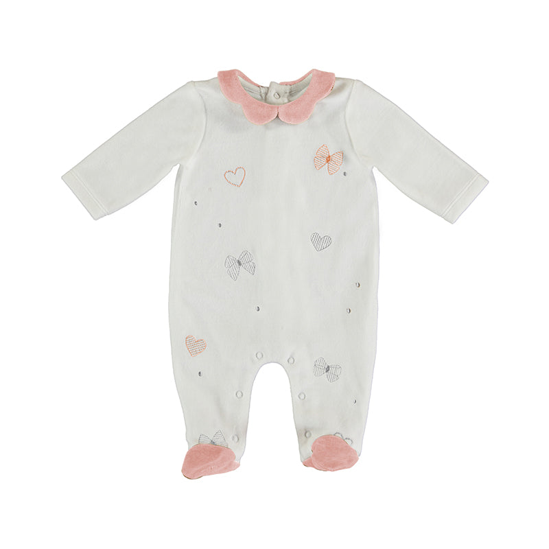 White Velour Onesie w Pink Collar & Feet