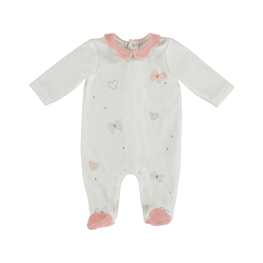 White Velour Onesie w Pink Collar & Feet