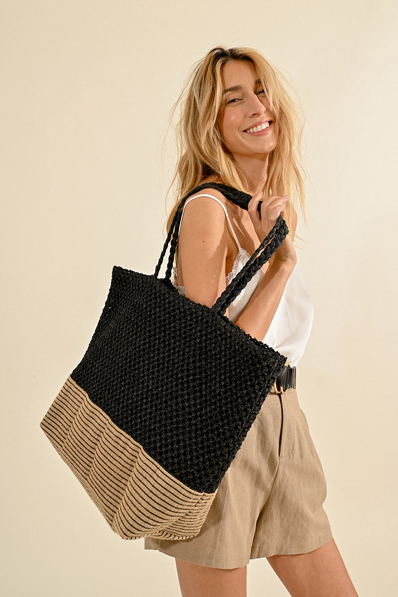 Black Oversized Rattan Bag w Tan bottom