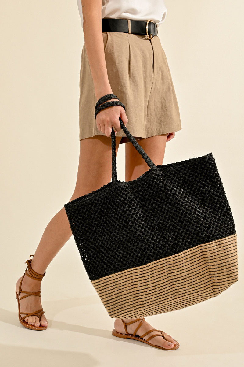 Black Oversized Rattan Bag w Tan bottom