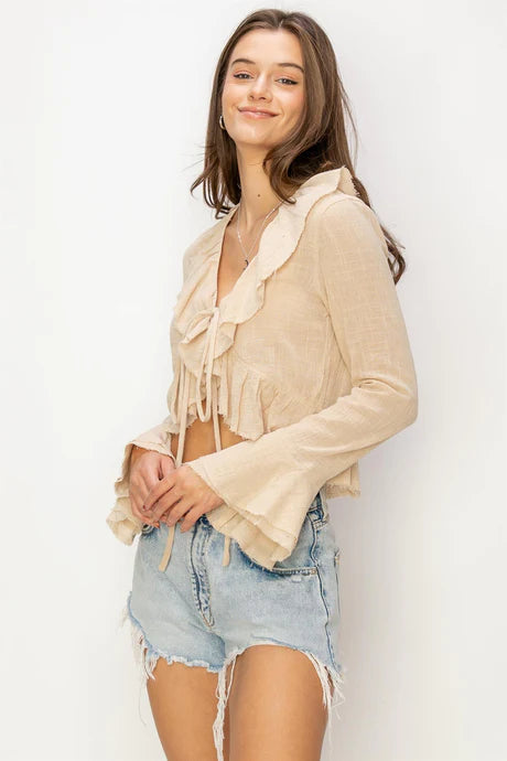 Sand Ruffled Bolero w Self Tie