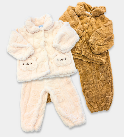 bear plush pant set, toddler teddy bear outfit, cozy fleece kids set, plush winter baby outfit, boutique toddler lounge set, baby bear face jacket, kids plush 2-piece set, warm toddler plush clothing, fleece baby boy girl set, cute toddler bear outfit