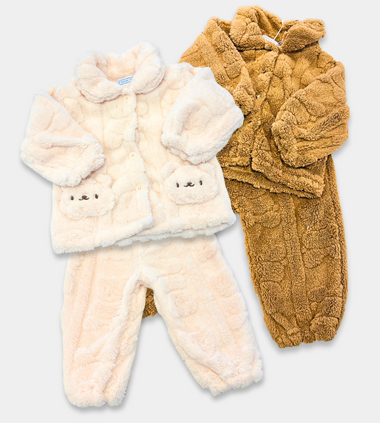 bear plush pant set, toddler teddy bear outfit, cozy fleece kids set, plush winter baby outfit, boutique toddler lounge set, baby bear face jacket, kids plush 2-piece set, warm toddler plush clothing, fleece baby boy girl set, cute toddler bear outfit