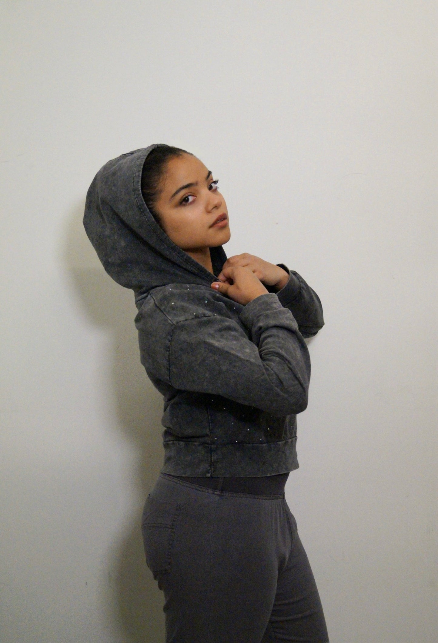 Distressed Grey Hoody w Scattered Rhinestone