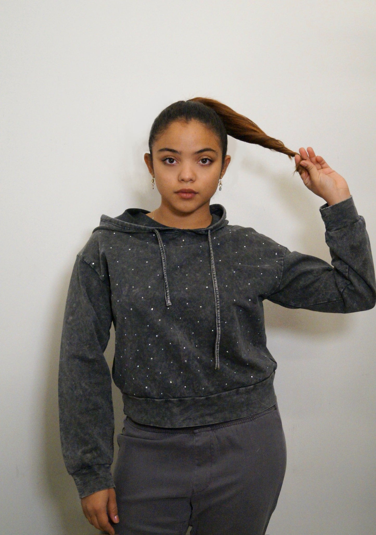 Distressed Grey Hoody w Scattered Rhinestone