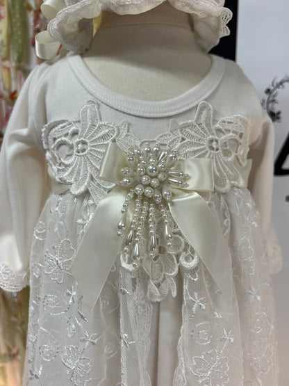 Expressions Boutique NY cotton lace christening gown, baby baptism gown with bonnet, split front lace overlay baptism dress, 100% cotton christening outfit, heirloom baby girl baptism gown, boutique christening wear ivory lace