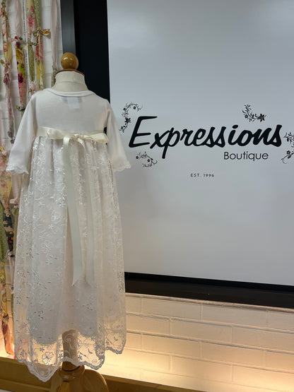 Expressions Boutique NY cotton lace christening gown, baby baptism gown with bonnet, split front lace overlay baptism dress, 100% cotton christening outfit, heirloom baby girl baptism gown, boutique christening wear ivory lace