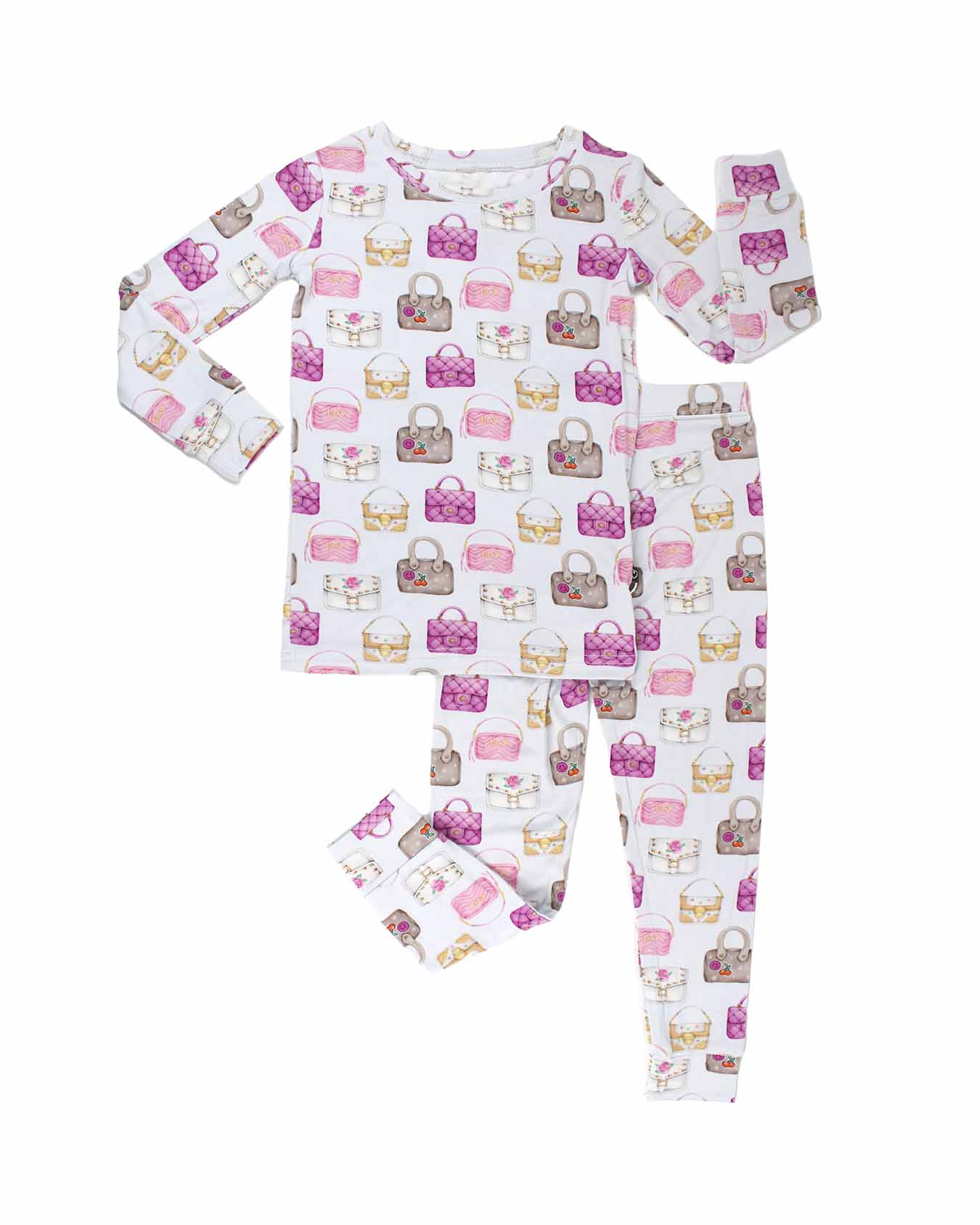 boutique girls lounge set Expressions Boutique NY, handbag print toddler pajama set, cute kids loungewear outfit, soft stretchy two-piece lounge set, girls pastel pajama outfit breathable