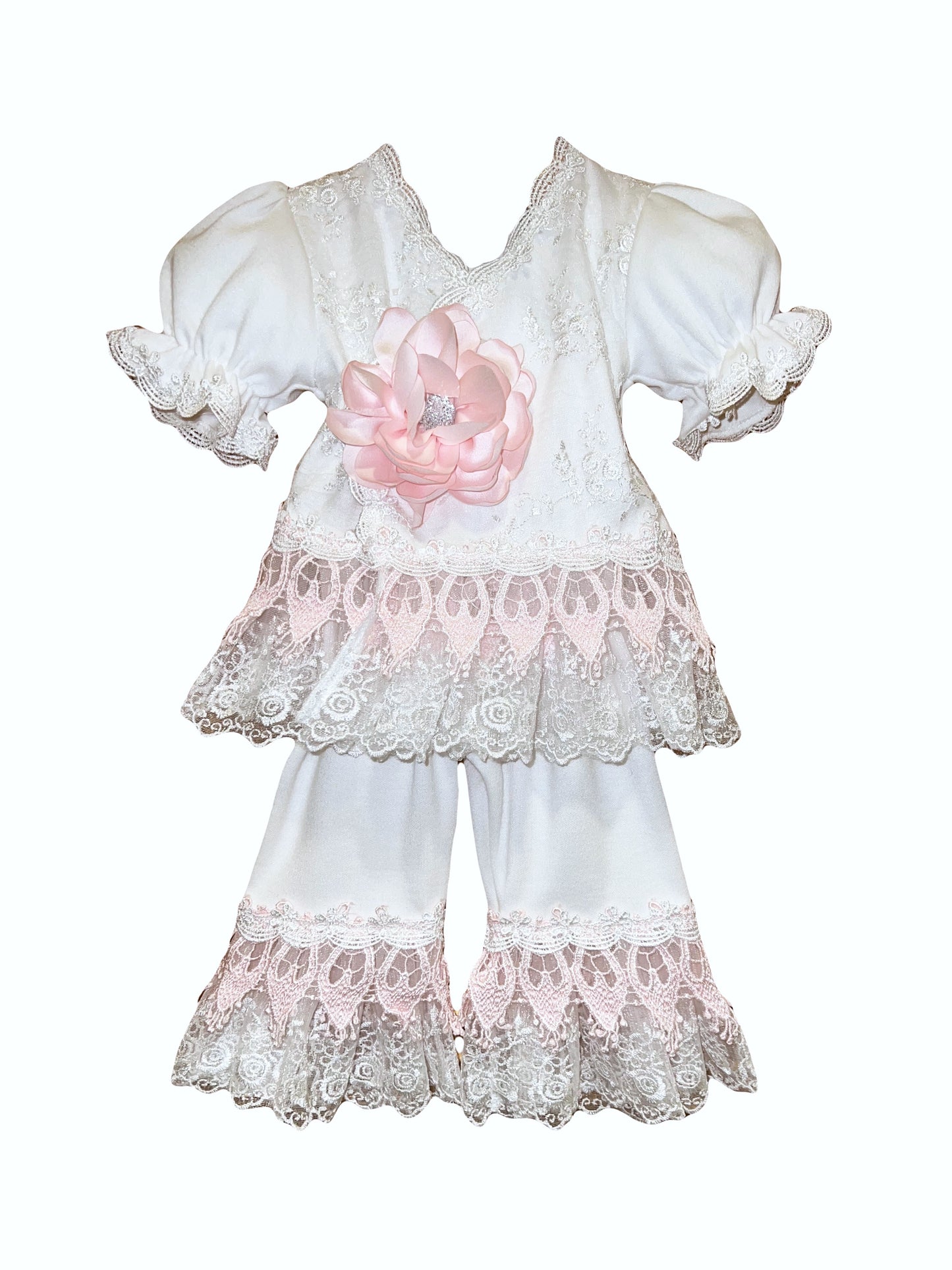 Aria 2pc White Lace w Pink Flower