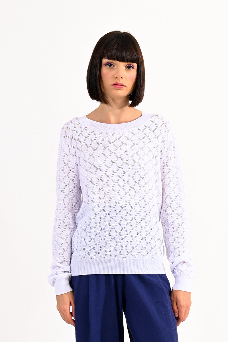 White Diamond Textured Long Sleeve Sweater