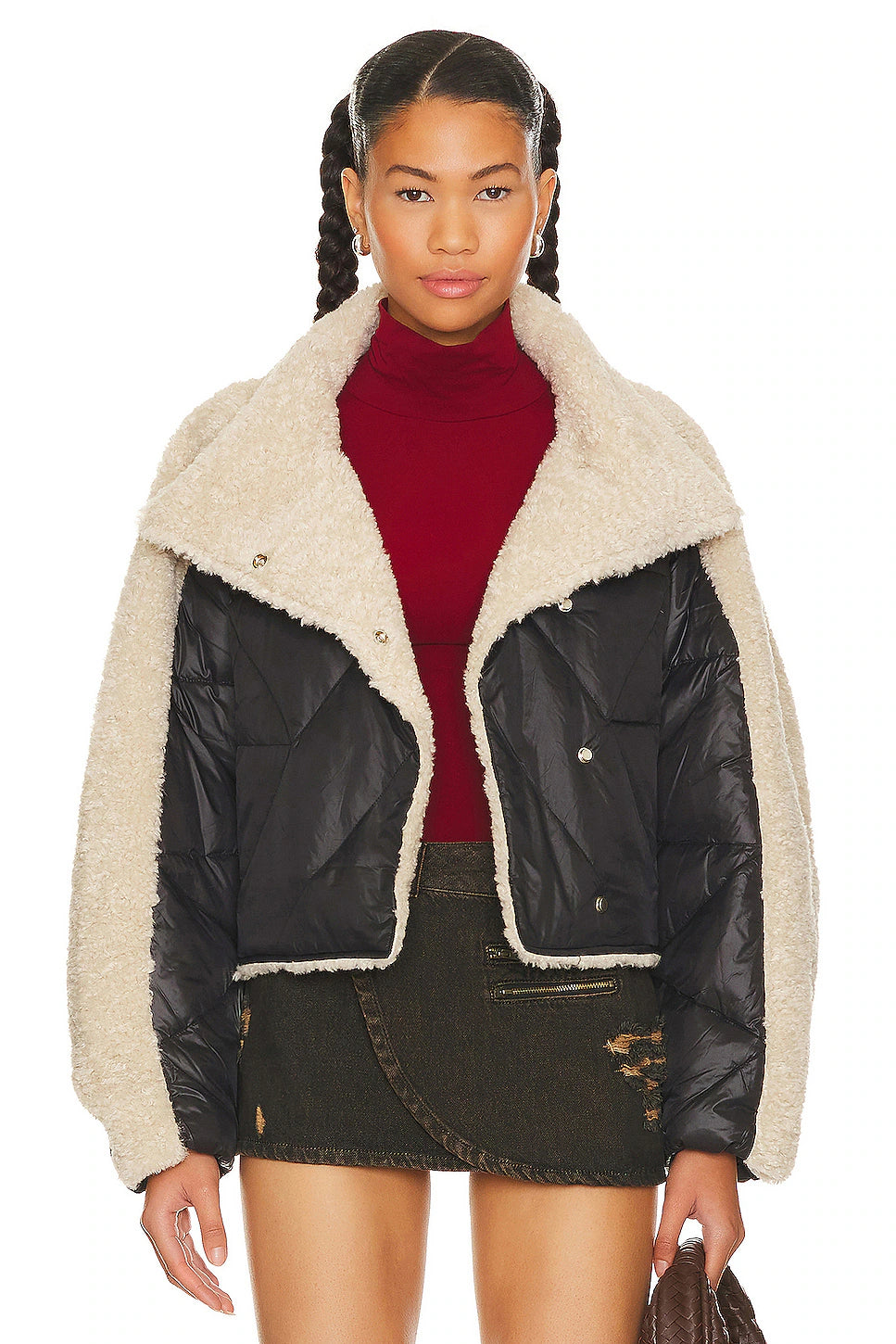 Black/Beige Faux Fur Nylon Mix Puffer Jacket