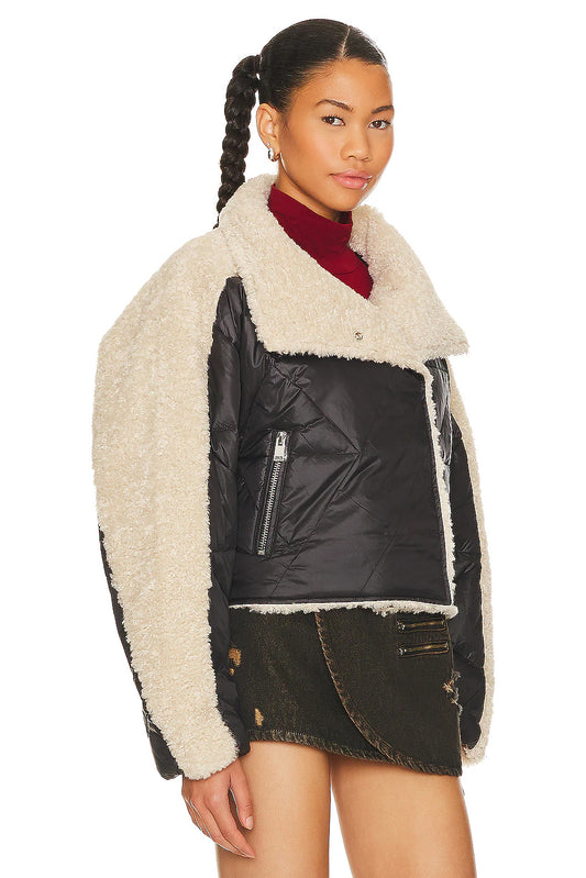 Black/Beige Faux Fur Nylon Mix Puffer Jacket