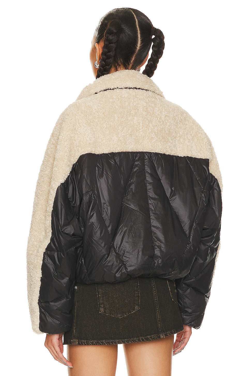 Black/Beige Faux Fur Nylon Mix Puffer Jacket