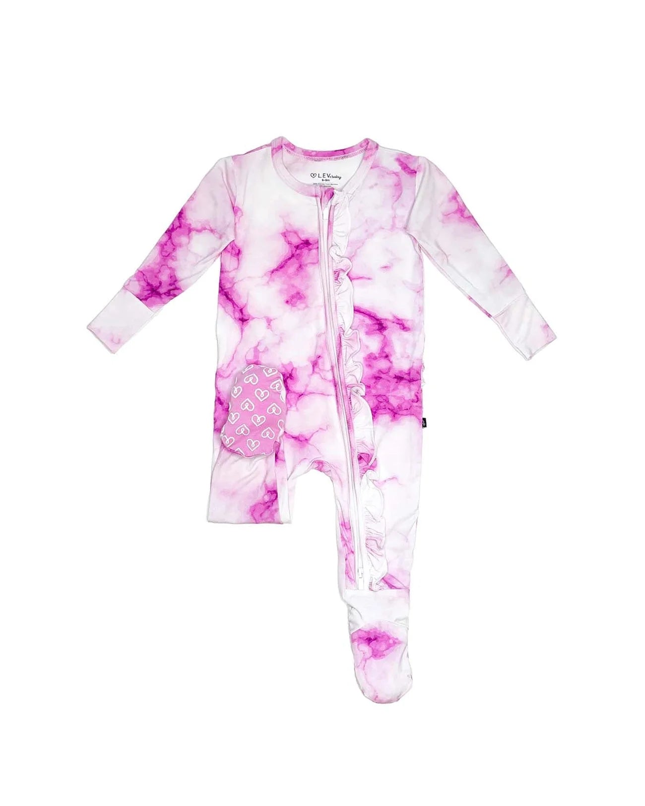 baby girl pink tie dye footie, ruffle zippered baby sleeper, boutique marble print baby pajamas, infant pink ruffle onesie, toddler tie dye zip footie, cozy girl baby outfit boutique