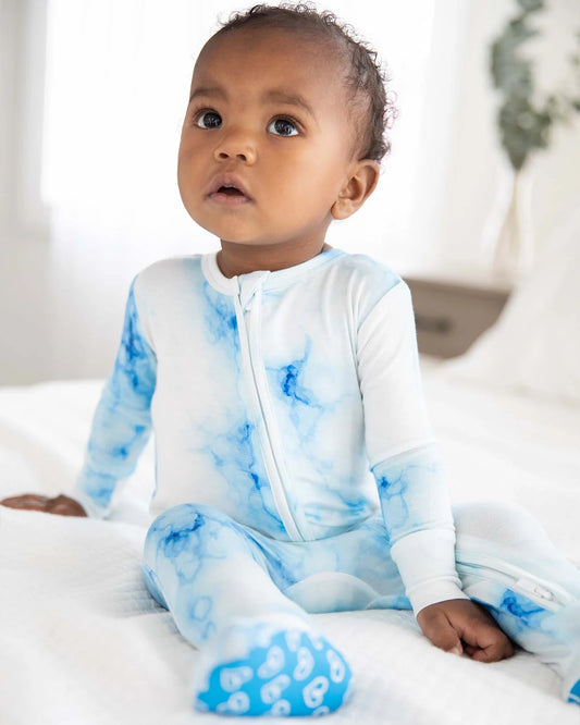 baby blue tie dye footie, infant marble print zip onesie, boutique zippered footed sleeper, toddler cozy footie pajamas, Milo ice tie dye baby outfit, boutique baby boy girl tie dye footie