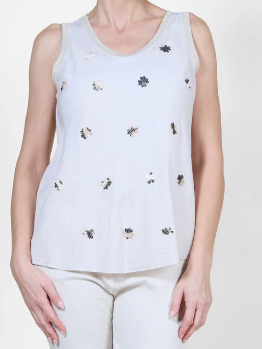 Sand Sleeveless Floral Allover Applique Tank Top