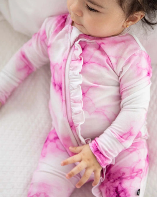 baby girl pink tie dye footie, ruffle zippered baby sleeper, boutique marble print baby pajamas, infant pink ruffle onesie, toddler tie dye zip footie, cozy girl baby outfit boutique
