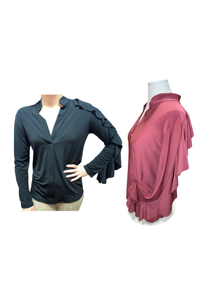 ruffle sleeve top Expressions Boutique NY, long sleeve blouse with v neckline, women’s ruffle detail shirt, dusty rose dressy top, boutique feminine blouse