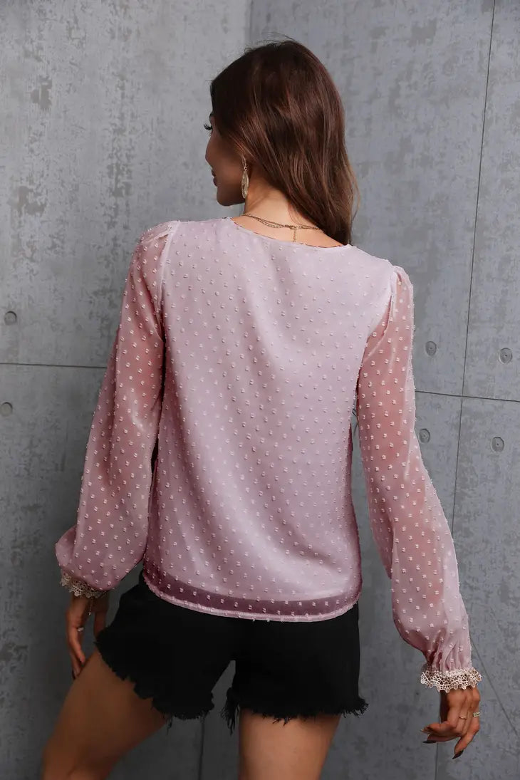 Pink Crochet V Neck Swiss Dot Blouse