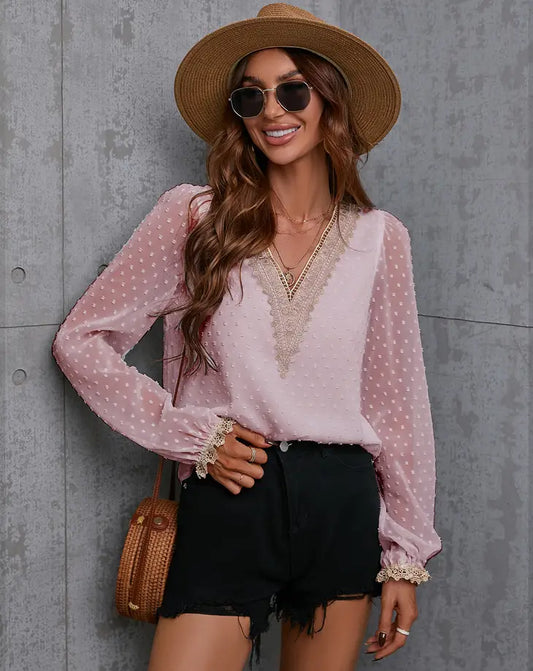 Pink Crochet V Neck Swiss Dot Blouse