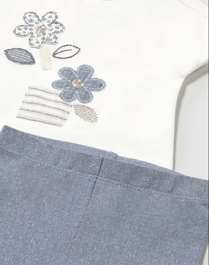 2pc Flower Appliques w Denim Blue Legging