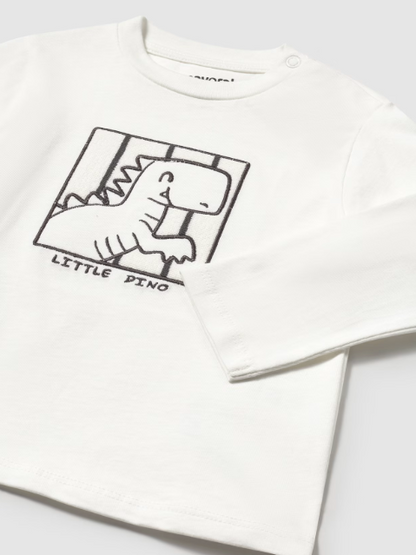 2pc LS White Dino Tee w Off White Stripe Pant w Cuff