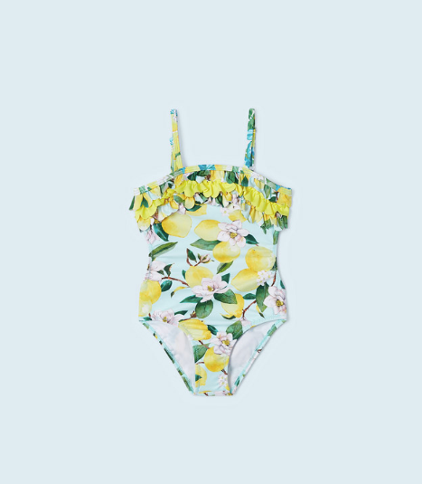 2pcs - One Piece Lemon Print suit w Mimosa scattered Floral Print Skirt