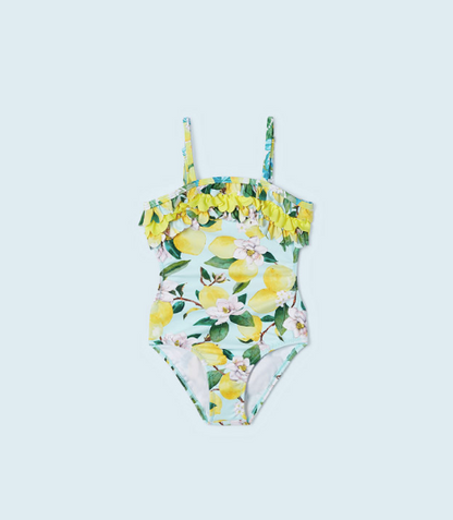 2pcs - One Piece Lemon Print suit w Mimosa scattered Floral Print Skirt