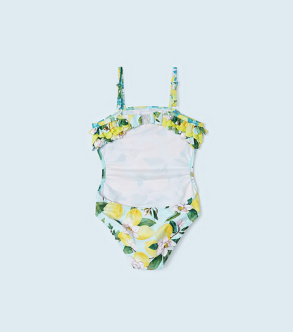 2pcs - One Piece Lemon Print suit w Mimosa scattered Floral Print Skirt