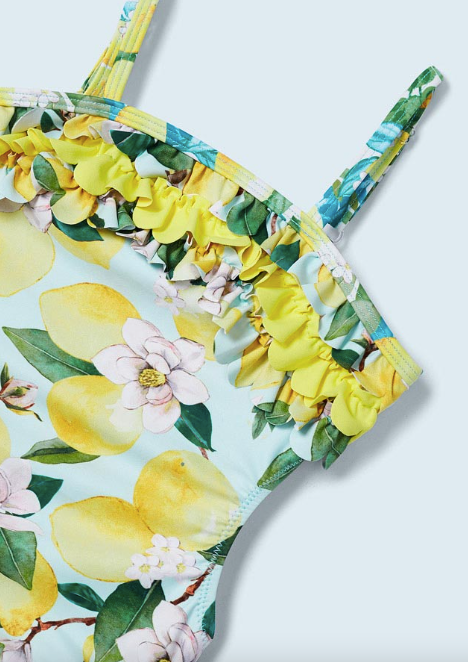 2pcs - One Piece Lemon Print suit w Mimosa scattered Floral Print Skirt