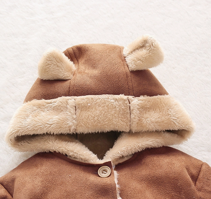 Camel Faux Suede w Fleece Hooded Coat w Fleece Ears