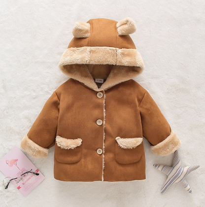 Camel Faux Suede w Fleece Hooded Coat w Fleece Ears