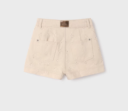 Almond Distressed Laser Mini Hole Shorts