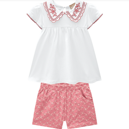 2pc White w Blush Eyelet Shorts
